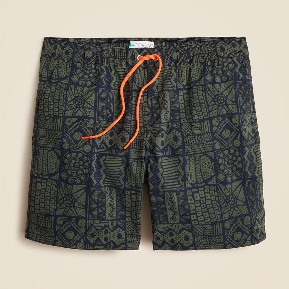J.Crew 6in Stretch Swim Trunk Short Men M Green Hawaiian Print ECONYL Nylon Mesh